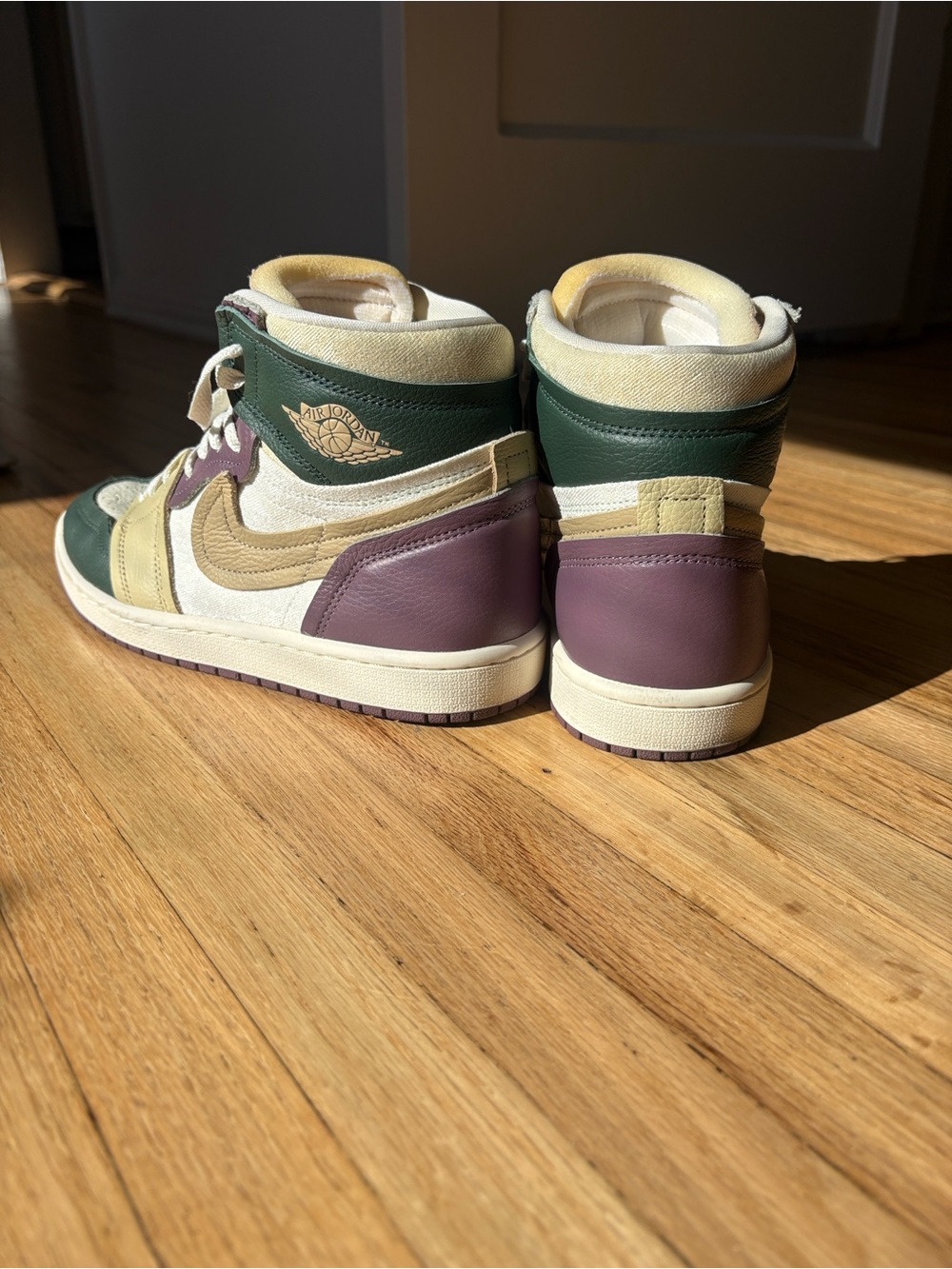 Jordans High-Top Sneakers in Green, Purple, Cream